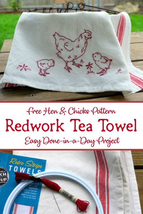 Fast, inexpensive, and easy to create, this Redwork Chicken Tea Towel makes a fun addition to your kitchen or a lovely, thoughtful gift. Includes FREE hen & chicks pattern. Redwork Embroidery Patterns, Tea Towels Embroidery, Redwork Patterns, Tea Towels Diy, Diy Towels, Towel Embroidery, Redwork Embroidery, Embroidery Patterns Vintage, Towel Pattern