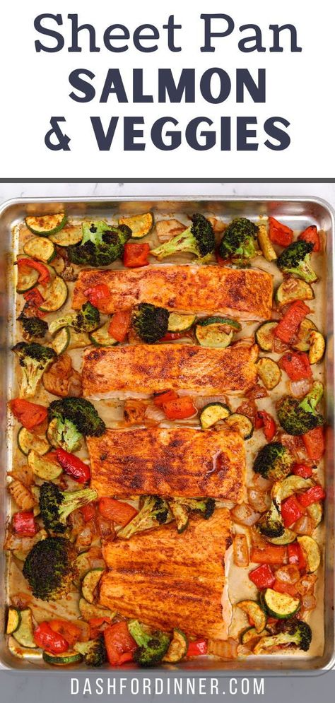 This easy Sheet Pan Salmon and Veggies recipe is sure to become one of your new favorite sheet pan meals! Made with pre-cut salmon filets, broccoli, bell pepper, and zucchini, this healthy dinner is naturally low-carb, gluten-free, and dairy-free. Sheet Pan Salmon And Veggies, Salmon And Veggies, Lemon Garlic Chicken Thighs, Healthy Sheet Pan, Sheet Pan Salmon, Gluten Free Salmon, Sheet Pan Meals, Pan Salmon, Salmon Filets