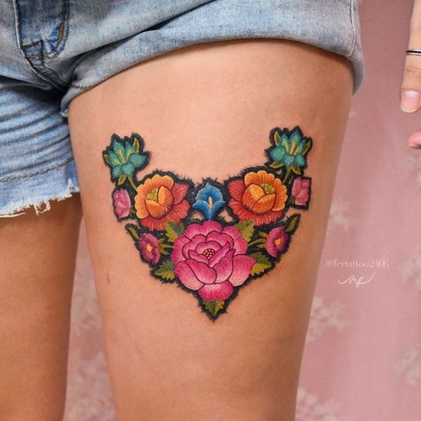 An Artist Creates Vibrant Embroidered Tattoos, and They’re a Real Feast for the Eyes Tattoo Ideas For Female, Fernanda Ramirez, Tattoos Henna, Mexican Tattoo, Embroidery Tattoo, Special Tattoos, Tatuaje A Color, Tattoo Designs For Men, Tattoo Ideas Female