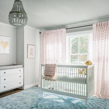 Pink and Blue Nursery with Wallpaper on Ceiling Crib In Front Of Window, Mid Century Crib, Transitional Nursery, Farmhouse Playroom, Vintage Baby Nursery, Grey Baby Nursery, Simple Nursery, Dressed In White, Farmhouse Nursery