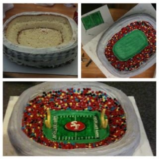 49ER football stadium Birthday Cake for an 8yr old boy. an estimated 1,100 total "attendees" were hand piped in! Stadium Cake, Birthday Cake Boy, Old Birthday Cake, Birthday Football, Football Numbers, Cake Boy, Number Five, Recipe Cake, Football Cake