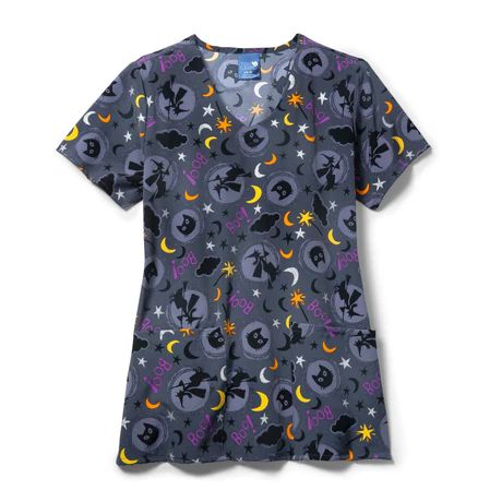 Perfect for spooky season, this Halloween themed scrub top from Zoe & Chloe features a witches brew of black cats, magic wands, and broomstick riders *Limited edition fashion print design Two roomy lower pockets Flattering curved v-neck Side vents 98% Polyester / 8% Spandex Length: 27¾" for medium Spooky Images, Print Design Fashion, Medical Scrubs, Halloween Prints, Scrub Pants, Halloween Women, Scrub Tops, Clothing Company, Print Top