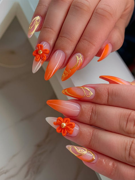 Discover 25 Birthday Nail Ideas for 2025: Trendy Designs Nails for Inspiration Orange Nails Design Ideas, Orange Nail Design Ideas, Orange Chrome Nails Designs, Nails Ideas Orange, Orange Floral Nails, Orange Nails Acrylic, Pastel French Tips, Summer Birthday Parties, Birthday Nail Ideas