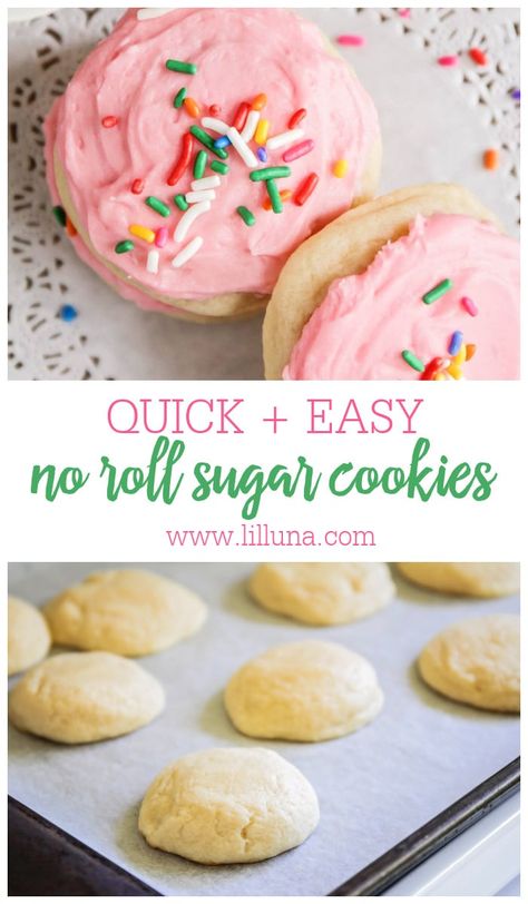 Drop Sugar Cookies Easy, Easy Drop Sugar Cookies, Drop Sugar Cookie Recipe, Powdered Sugar Cookies, Soft Frosted Sugar Cookies, Rolled Sugar Cookie Recipe, Sugar Cookies From Scratch, Roll Out Sugar Cookies, Drop Sugar Cookies