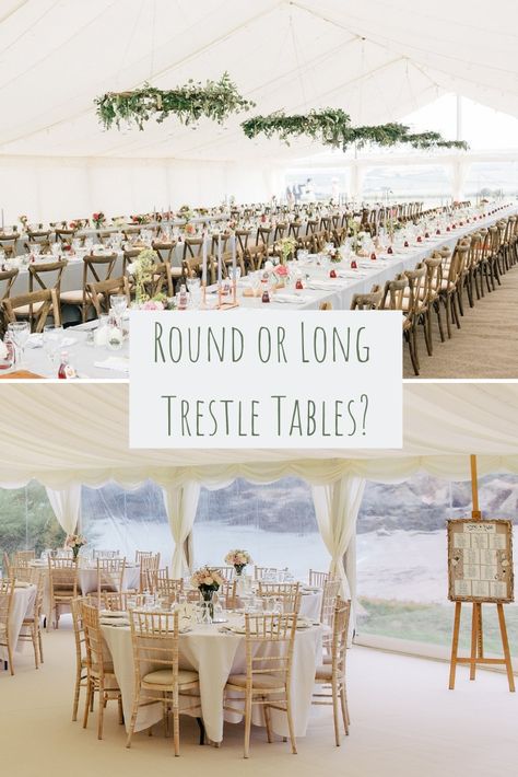 Decisions, decisions...would you choose long trestle tables or round tables for your marquee wedding? Take a look at our blog to help you choose which works best for you. #weddingtables #hatchmarquehire #weddingtables #trestletables #roundtables #weddingdecor #weddingdecorideas Marquee Table Layout, Wedding Tent Layout Long Tables, Tent Seating Layout Wedding Reception, Tent Wedding Table Layout, Table Configurations Wedding, Round Tables Vs Long Tables Wedding, Wedding Marquee Layout, Marquee Wedding Long Tables, Round Vs Rectangle Wedding Tables