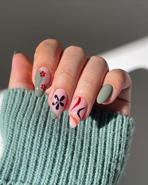 Fun and groovy nail art with muted colours🥹 swipe left for tutorial👀 Using @miicosmetics regular nail polish Rings @bohomoon - code ‘simly10’ to save 10% *affiliate Groovy Fall Nails, Nail Polish Rings, Groovy Nail Art, Mismatched Nails, Groovy Nails, Regular Nail Polish, Amazing Nails, Muted Colours, Winter Nail Art