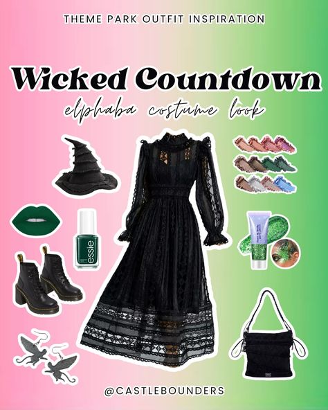 Starting the countdown to @wickedmovie with an Elphaba-inspired look! Only 10 days until the release, and we’re celebrating with 10 days of Wicked-inspired outfits. Green makeup, dark lace, and a hint of sparkle to channel our inner Wicked Witch. Join us as we countdown to the big day! #CastleBounders #StyledbyCastleBounders #thepixiedustsociety #WickedCountdown #Elphaba #WickedInspired #CountdownToWicked #UniversalStudios #UniversalStyle #UniversalVibes #ThemeParkStyle #WitchyVibes #Broad... Wicked Elphaba Inspired Outfits, Wicked Glinda Outfit Ideas, Elphaba Inspired Outfit, Elphaba Outfit, Wicked Outfit, Elphaba Costume, Wicked Glinda, Wicked Costumes, Makeup Dark