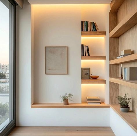 Inset Shelves In Wall, Niche Shelves, Little Spaces, Shelf Lighting, Bedroom Decor Design, Modern Shelving, Built In Shelves, Home Office Design, Wooden Shelves