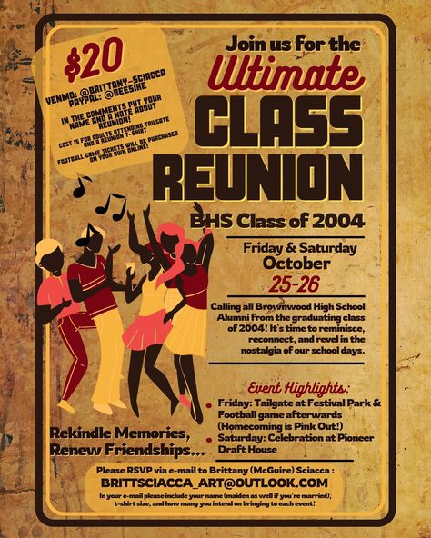 Attention BHS class of 2004! See the flyer for details about our reunion! Reach out to me with any questions! Reunion Checklist, Reach Out To Me, Class Reunion, Pink Out, Art Icon, Football Games, School Days, Homecoming, High School