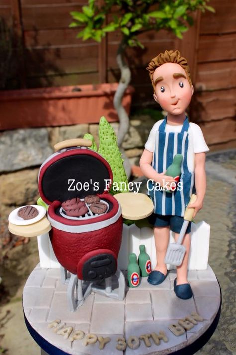 Zoe's fancy cakes Bbq Cakes For Men, Sugarpaste Figures, Fancy Cake Toppers, Men Cakes, Man Cakes, Zoes Fancy Cakes, Bbq Cake, Sculpted Cakes, Happy 30th