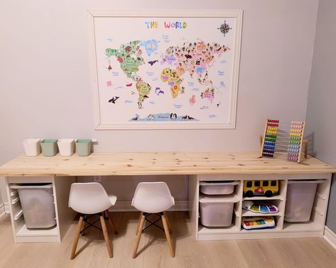 (3) Ikea tips, hacks and more! | IKEA trofast turned play surface/desk hack with the help of an 8ft board from the hardware store. | Facebook Ikea Desk Kids Hack, Toy Storage With Desk, Ikea Trofast Table, Ikea Trofast Desk Hack, Ikea Trofast Desk, Trofast Desk Hack, Trofast Desk, Trofast Ikea Kids, Ikea Trofast Hack