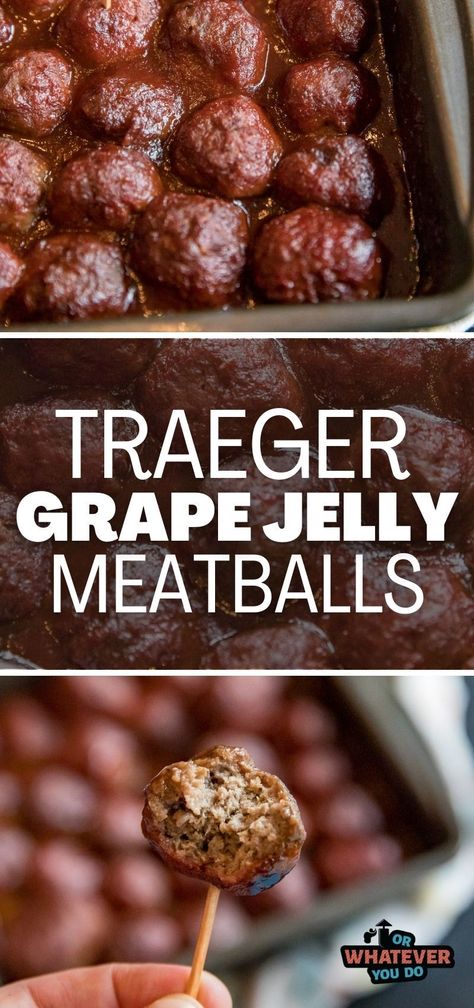 Traeger Smoked Grape Jelly Meatballs Jelly Meatball Recipe, Grape Jelly Meatballs Recipe, Chicken Tortillas, Delicious Meatballs, Jelly Meatballs, Outdoor Cooking Recipes, Grape Jelly Meatballs, Tasty Meatballs, Pellet Grill Recipes