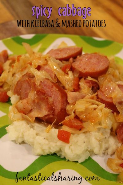 Spicy Cabbage with Kielbasa and Mashed Potatoes // A deliciously filling comfort meal with a little heat added to the cabbage and kielbasa that are served over the top of the mashed potatoes. #recipe #cabbage #kielbasa #maindish Cabbage Kielbasa, Cabbage And Kielbasa, Fried Cabbage With Sausage, Spicy Cabbage, Buttermilk Mashed Potatoes, Recipe Cabbage, Kielbasa And Cabbage, Boiled Cabbage, Recipes Spicy