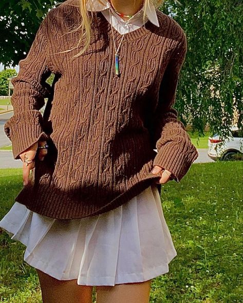 Baggy Jumper And Skirt, Big Sweater With Skirt, Weasel Character, Brown And White Outfit, Brown Sweater Outfit, Pleated Skirt And Sweater, Cropped Sweater Outfit, Jumper And Skirt, Bday Dress