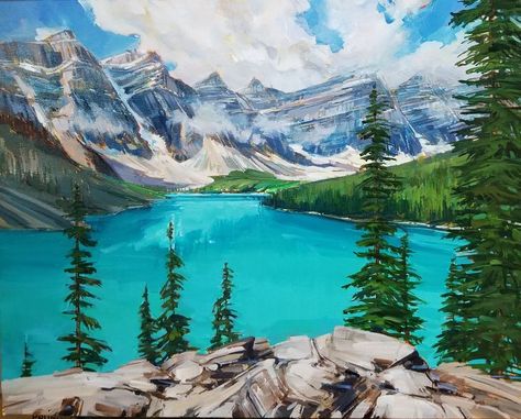 Rocky Mountain Lake in Banff National Park Acrylic painting by Holly Dyrland Mountain And Beach Painting, Mountains And Lake Painting, Canada Painting Ideas, Mountains Drawing Acrylic, Mountain Lake Drawing, Banff Painting, Acrylic Painting Ideas Landscape, Mountain Scenery Painting, Acrylic Mountain Painting