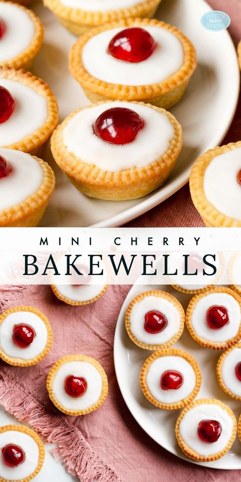 Cherry bakewell tartlets. Cherry and almond in a sweet shortcrust pastry topped with smooth icing and a glacé cherry half. Heaven! Recipe by movers and bakers Individual Bakewell Tarts, Mini Bakewell Tart, Cherry Bakewell Tart Recipe, Mini Frangipane Tarts, Almond Tarts Mini, Christmas Tarts Desserts, Mini Tart Ideas, Afternoon Tea Sweets, Christmas Tartlets