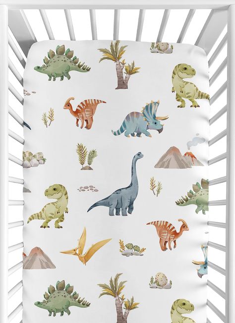 PRICES MAY VARY. Dimensions: 52 in. x 28 in. x 8 in. Brushed Microfiber - Watercolor Green Slate Blue and White Dinosaur Modern Jurassic Nature Animal Steel Turquoise Tan Mustard Yellow Orange Dino Print Fully elastic bottom for secure fit on most standard size cribs and toddler beds Easy machine washable and dryable Love the fabric style? Sweet Jojo Designs also makes coordinating bedding and decor accessories. Sweet Jojo Designs crib sheets are designed to match with their coordinating Crib Be Dinosaur Crib Sheets, Watercolor Dinosaur, Toddler Sheets, Dinosaur Room, Baby Crib Bedding Sets, Baby Sheets, Mini Crib Sheets, Crib Toddler Bed, Toddler Mattress