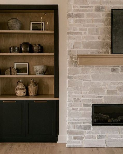 Black Birch Homes & Design on Instagram: “White oak was made to be paired with dark paint colors 🖤 . . 📸 @classicgrayhome” White Fireplace Dark Built Ins, Black And Oak Built Ins, Black And White Oak Built Ins, Black Bookshelves Around Fireplace, Black Built Ins Around Fireplace, Black And White Oak Living Room, Black Built Ins Living Room Fireplace, White Fireplace With Black Built Ins, Black And Wood Built In