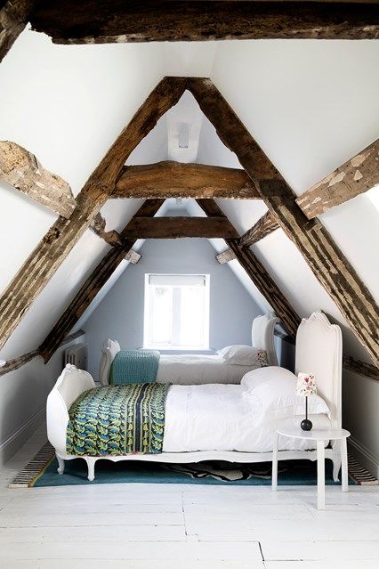 Attic bedroom with twin beds and exposed rustic beams in a carefully renovated Somerset country house  - design ideas on HOUSE - design, food and travel by House & Garden. Small Cottage Bedroom Ideas, Small Cottage Bedroom, Small Loft Bedroom, Small Attic Bedroom, Attic Renovation Ideas, Attic Bedroom Designs, Small Attic, Loft Bedroom, Attic Design