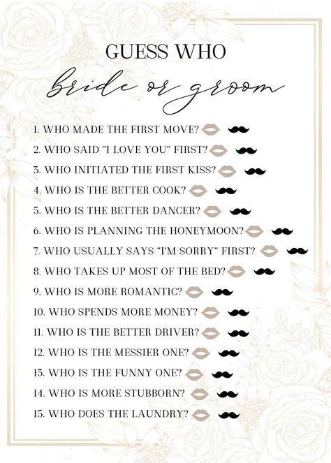 ♦ ♦ DESCRIPTION ♦ ♦   GUESS WHO BRIDE OR GROOM BRIDAL SHOWER GAME CARDS PRINTABLE TEMPLATE DIGITAL DOWNLOAD 5 X 7 CARDS  BRILLIANT GOLD COLLECTION  --> see link for entire collection! ♥ Instant Download - Printable Bridal Shower How Well Do You Know the Bride Game (Digital File - Nothing will be mailed to you) ♥ 5x7 JPG & PDF Files ♥ 2 Copies of Each Game Per Page (PDF) ♥ AS-IS (Non-Editable) ♦ ♦ HOW IT WORKS ♦ ♦ ♥ Once payment is confirmed, items will be available to download on your purchases page (https://www.etsy.com/your/purchases). ♥ Download files to your computer and print! ♥ Print at home, a print shop, a printing website, etc. Enjoy! ♦ ♦ AT-HOME PRINTING TIPS ♦ ♦ ♥ Printing on cardstock is recommended ♥ Use the PDF to print at home and the JPG if sending to a print shop ♥ Make su Bride Vs Groom Questions, How Well Do You Know The Bride And Groom, How Well Do You Know The Groom, How Well Do You Know The Bride, Bride And Groom Games, Bridal Shower Timeline, Know The Bride Game, Wedding Planning Checklist Detailed, Bride Hairstyles Updo