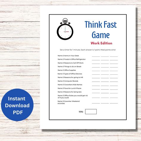 Think Fast Game-Work Edition Perfect for Staff Meetings, Office Party Games, Office Icebreaker, or just getting to know your coworkers better.  This fun game is great for team building and builds staff morale.  Can even be used at the office Christmas Party. Includes an 8.5x11 PDF download Check out my shop for coordinating games to go along with this one! *This is a digital download, which means you will receive a PDF instantly with your purchase.  The PDF can be printed on your home printer or Office Challenge Ideas, Games To Play With Staff, Fun Work Games, Work Games For Staff, Team Building Games For Coworkers, Staff Meeting Games, Office Games Team Building, Team Building Activities For Coworkers, Office Icebreakers