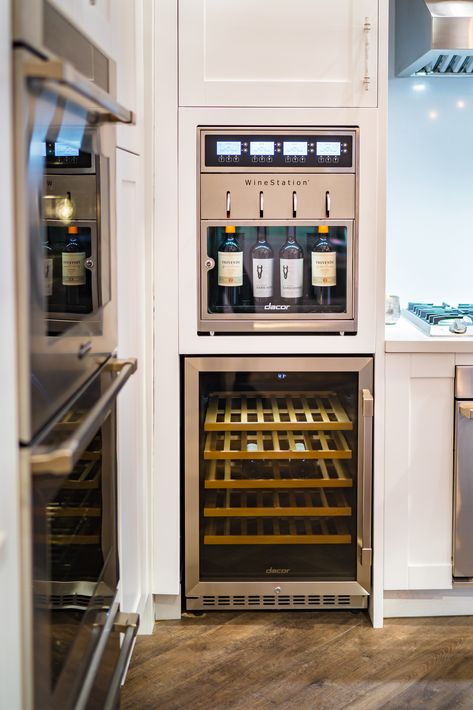 Dacor announced the debut of several new products at the 2019 Kitchen & Bath Industry Show (KBIS). The 24” Full Size Wine Cellar was just one of the many products unveiled at KBIS. The fully integrated, full sized wine cellar easily holds up to 100 bottles of wine in three independently cooled zones. Wine Fridge Kitchen Ideas, Laundry Room With Wine Storage, Kitchen Wine Cooler Cabinets, Wine Dispenser In Kitchen, In Home Wine Cellar, Built In Wine Dispenser, Floor To Ceiling Wine Fridge, Wine Cellar Cabinet, Closet Into Wine Cellar