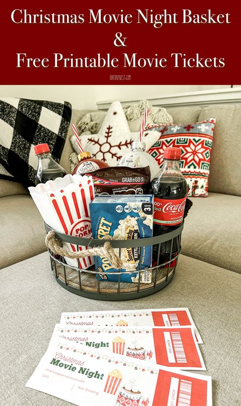 Enjoy Christmas movie night with this fun Christmas movie night basket and free printable movie tickets. Christmas Movie Night Basket, Printable Movie Tickets, Christmas Movie Night Ideas, Movie Basket, Movie Basket Gift, Movie Night Basket, Movie Night Ideas, Christmas Popcorn, Christmas Movie Night