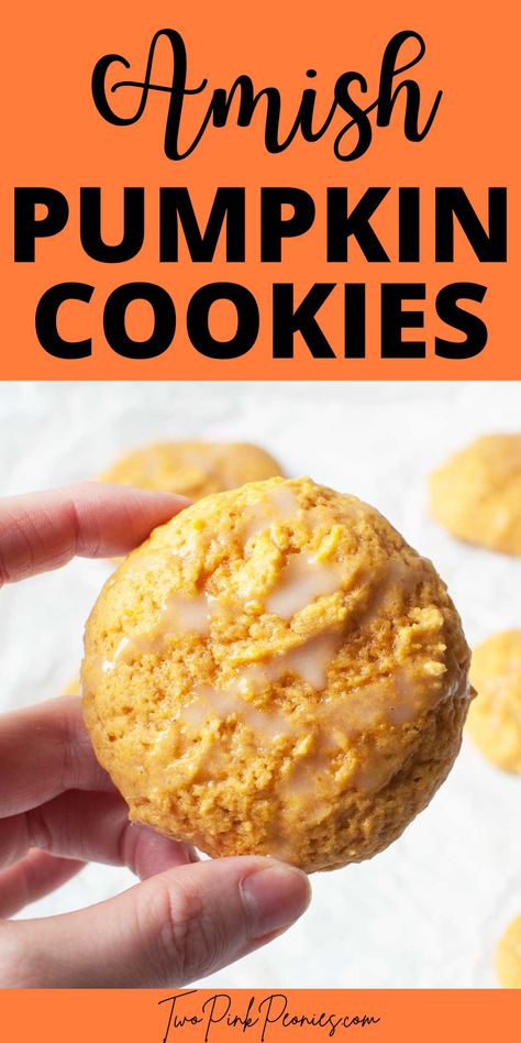 Text that says Amish Pumpkin Cookies below the text is a hand holding a pumpkin cookie with glaze on it. Cake Mix Oatmeal Cookies, Soft Pumpkin Cookie Recipe, Amish Cookies, Copycat Cookies, Pie For Thanksgiving, Best Pumpkin Recipes, Soft Pumpkin Cookies, Bread Pumpkin, Mennonite Recipes