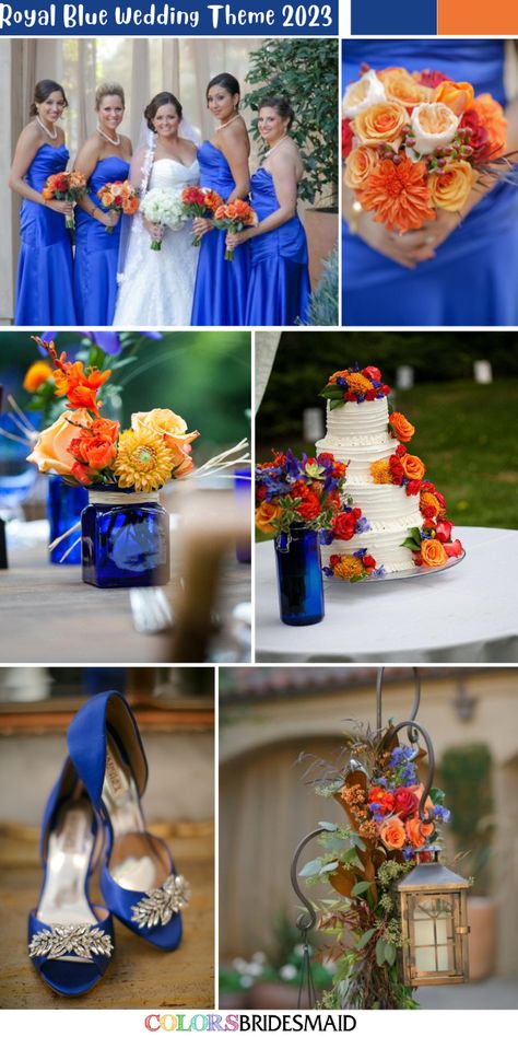 All 30+ Blue Wedding Color Palettes - ColorsBridesmaid Royal Blue Coral And Gold Wedding, Royal Blue Wedding Colors, Wedding Cake Dark Blue, Royal Blue And Orange Wedding, Orange Wedding Color Palette, Blue For Wedding, Blue Orange Weddings, Blue Wedding Colors, Ice Blue Bridesmaid Dress