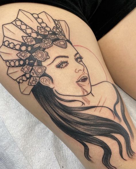 Girls with tattoos. Thigh tattoos. Vampire. Aaliyah Akasha Tattoo, Minimalist Vampire Tattoo, Queen Of The Damned Tattoo, Carmilla Tattoo, Vampire Lady Tattoo, Vampire Tattoos, Thorn Tattoo, Vampire Tattoo, Hex Girls