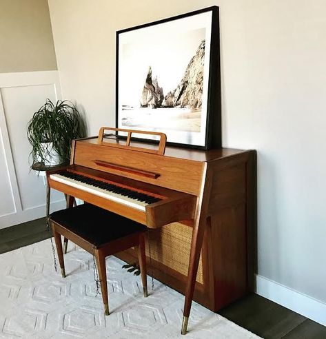 mid century baldwin acrosonic spinet piano Mid Century Craftsman, Spinet Piano, Lounge Inspiration, Piano Decor, Mid Century Modern Lounge, Property Investment, Therapy Room, Beautiful Music, Vintage Room