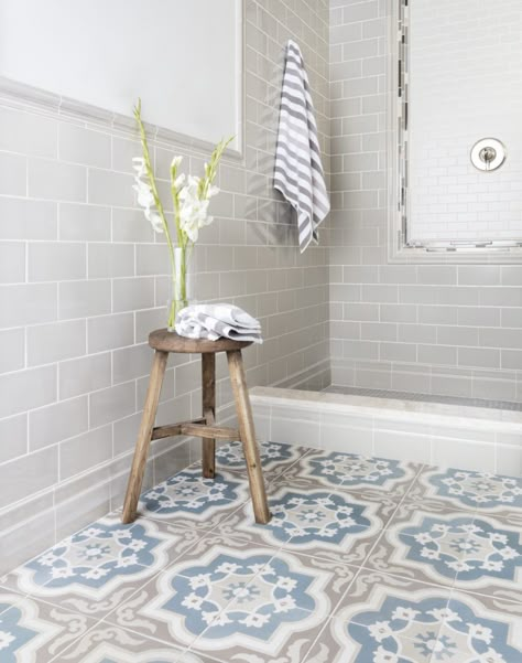 MODERN FARMHOUSE TILE: ENCAUSTICS AND PATTERNS Featured: Villandry Azure, Imperial Oatmeal Gloss, Imperial Oatmeal Gloss London, Amalfi Light Sand Mosaic, Waldron Stria  #ModernFarmhouse #Bathroom Modern Farmhouse Bathroom Decor, Best Bathroom Flooring, Farmhouse Tile, Floor Tile Design, Modern Farmhouse Bathroom, Modern Farmhouse Design, Bathroom Tile Designs, The Tile Shop, Encaustic Tile