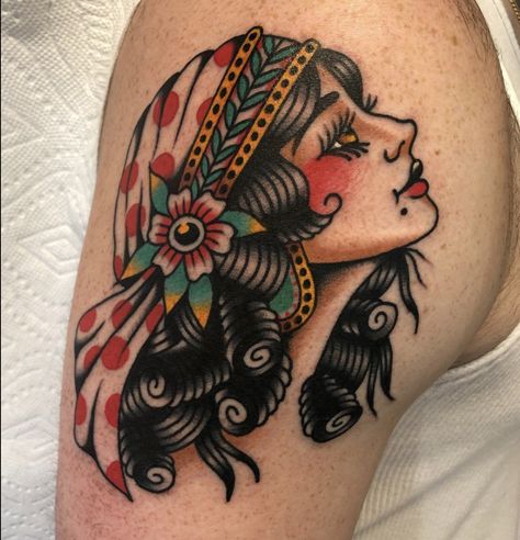 @nickadamtattoo Tattoo Ideas Female American Traditional, Sailor Woman Tattoo, American Traditional Tattoos Women Faces, Romani Lady Tattoo, Romani Head Tattoo, American Traditional Romani, American Traditional Woman Face Tattoo, American Traditional Lady Head Tattoo, American Traditional Lady Face Tattoo