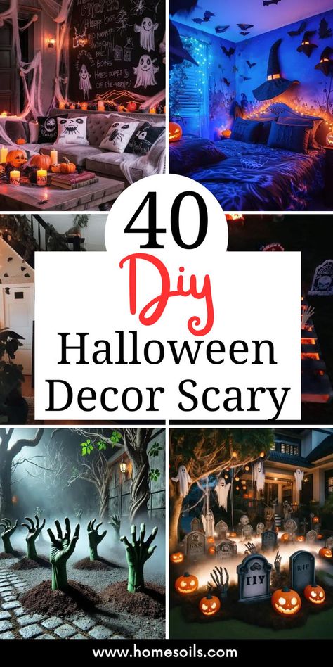 Transform your home into a haunted house with 40 DIY Halloween decorations that are sure to scare. From eerie props to chilling wall art, these spine-tingling crafts create a frightful atmosphere for the ultimate Halloween experience. Start creating and make your decor scream with spooky delight! Scary Halloween Porch Decorations, Scary Halloween Wall Decor, Cheap Spooky Decorations, Creepy Halloween Decorations Diy Haunted Houses, Home Haunted House Ideas, Halloween Monster House, Haunted House Decorations Outdoor, Diy Scary Halloween Decor, Haunted House Decorations Indoor