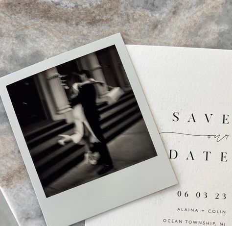 Polaroid Style Save The Date, Classic Black Tie Wedding Decor, Vintage Wedding Save The Date, Cool Save The Dates, Classy Save The Dates, Save The Date Ideas Photos, Save The Date Polaroid, Polaroid Save The Date, Black Tie Wedding Decor