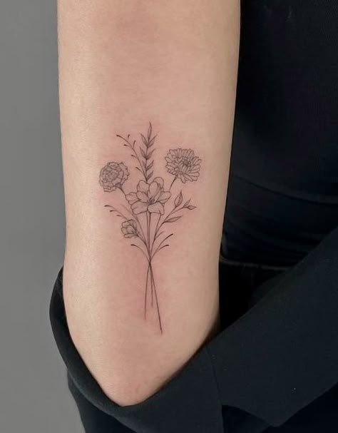 Birth Flowers Tattoo Placement, Grandparent Flower Tattoo, Birth Flower Tattoos For Kids, Flower Tattoo Inner Forearm, April And May Birth Flower Tattoo, Flower Tattoos With Names, Flower Bunch Tattoo, Tattoo Birth Flowers, Maggie Tattoo