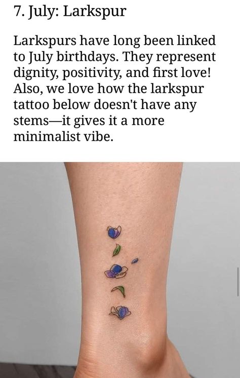 Larkspur Meaning, July Birthday Tattoo, Month Flower Tattoo, Larkspur Tattoo, July Flowers, Birthday Tattoo, July Born, Flowers Tattoo, July Birthday