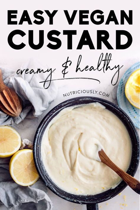 The best recipe for low-sugar vegan custard — a healthy and easy plant-based dessert that you can eat as a pudding or filling to make a cake, tart, pie or slice. Using almond milk and coconut milk, it's a dairy-free and egg-free custard that's whole food plant-based and a great beginner recipe! Try this lemony, creamy vanilla goodness. Vegan Vanilla Custard, Dairy Free Custard, Vegan Custard, Vegan Bakes, Tart Pie, Cake Tart, Vegan Pudding, Vegetarian Ideas, Custard Recipe