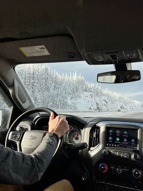 Road Trip Driving a Chevrolet truck on a snowy mountain road with pine trees and a scenic winter view. | Sky Rye Design Christmas Road Trip Aesthetic, Winter Road Trip Aesthetic, Winter Trip Aesthetic, Snow Trip Aesthetic, Truck In Snow, Car In Snow, Christmas Road Trip, Big Bear Trip, Aspen Christmas