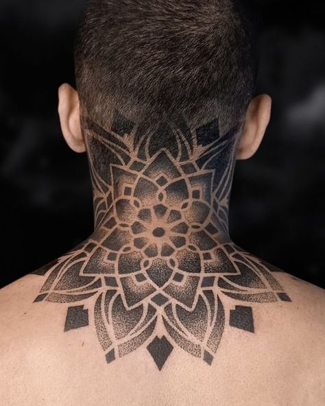 Geometric Throat Tattoo, Tattoos Cover Up, Geometric Tattoo Neck, Back Of Neck Tattoo Men, Neck Tattoo Men, Arm Tattoos Lettering, N Tattoo, Dotwork Tattoo Mandala, Mandala Hand Tattoos