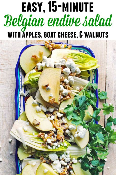 15-minute Belgian endive salad recipe! This healthy and delicious endive salad is loaded with apples, goat cheese, walnuts, and a lemon vinaigrette. Yum! // Rhubarbarians // Vegetarian salad recipe / winter salad / fall salad / #endive #salad #rhubarbarians #belgianendive Salad Fall, Winter Vegetarian Recipes, Delicious Healthy Salads, Belgian Endive, Salad With Apples, Endive Salad, Vegetarian Salad, Fall Salad, Fancy Dinner Recipes