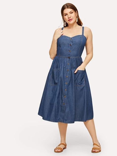 SheinShein Plus Pocket Patched Buttoned Strappy Dress Pattern Hacking, Plus Size Dresses Formal, Smart Outfits, Beautiful Boho Dresses, Men Over 50, Outfits For Men, Plus Size Denim, Denim Dresses, Smart Outfit