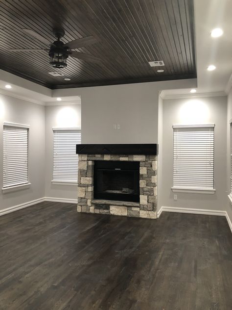 Dark Wood Ceiling Light Wood Floor, Dark Gray Ceiling Bedroom, Grey Wood Ceiling, Dark Wood Floor Living Room Ideas, Dark Gray Ceiling, Dark Grey Ceiling, Vintage Moulding, Dark Walnut Floors, Dark Wood Floors Living Room