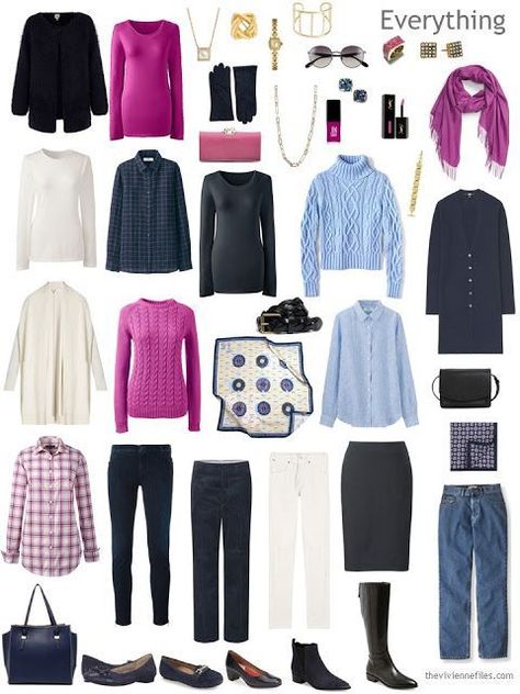 16-piece travel capsule wardrobe in navy, hot pink, light blue and ivory, with accessories Hot Pink Scarf, Clever Closet, Minimalist Packing, The Vivienne Files, Vivienne Files, True Summer, Wardrobe Color, Glitter Headbands, Travel Capsule