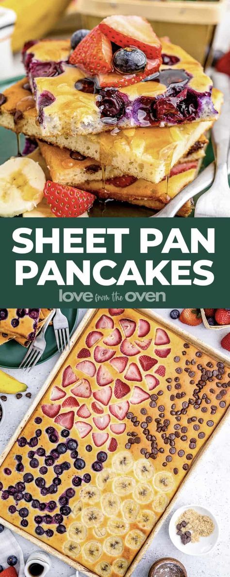 Sheet Pan Pancakes • Love From The Oven Pancake Oven Recipe, Buttermilk Sheet Pan Pancakes, Easy Breakfast For Big Group, Sheet Pan Buttermilk Pancakes, Breakfast Big Group, Oven Pancakes Easy, Sheet Pan Pancakes Easy, Pancake Sheet Pan Recipe, Sheet Cake Pancakes