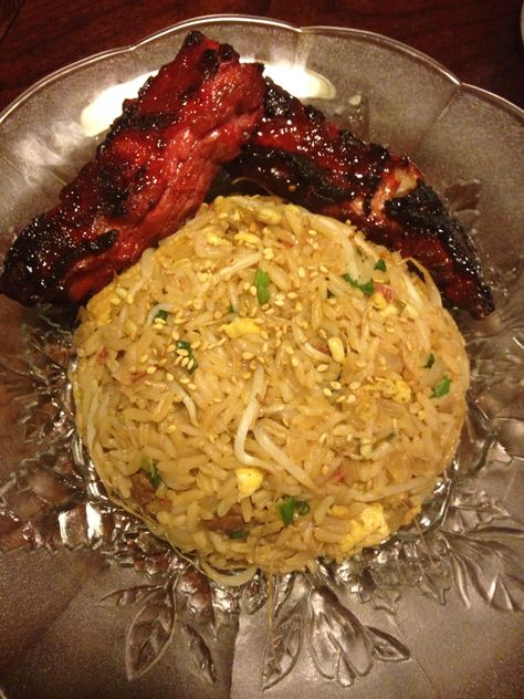 Chinese BBQ spare ribs and pork fried rice Ribs And Rice, Bbq Spare Ribs, Bbq Pork Ribs, Pork Fried Rice, Spare Ribs, Fried Rice Recipe, Bbq Pork, Pork Ribs, Rice Recipe