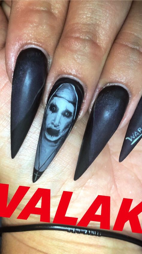 Pinterest @spiciwasabi 🦋🦋🦋 The Nun Movie Inspired Nails The Nun Halloween Nails, Conjuring Nails, The Conjuring Nails, The Nun Nailart, Movie Inspired Nails, The Nun Movie, Nun Movie, Nun Halloween, Pretty Manicures