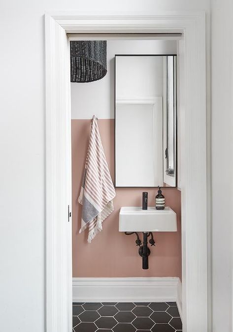 Pink Powder Room with Black Hexagon Floor Tiles - Contemporary - Bathroom Black Hexagon Floor, Pink Powder Room, Black Powder Room, Half Painted Walls, Small Downstairs Toilet, Cloakroom Toilet, Pink Toilet, Hexagon Floor, Pink Bathroom Decor