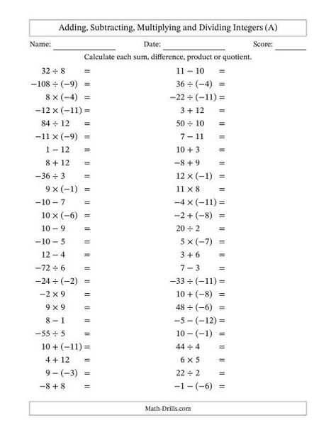 The Adding, Subtracting, Multiplying and Dividing Mixed Integers from -12 to 12 (50 Questions) (A) Math Worksheet Integers 7th Grade Math Worksheets, Multiplying Integers Activity, Multiply And Divide Integers, Adding Integers Worksheet, Adding And Subtracting Integers Activity, Subtracting Integers Worksheet, Multiplying Integers, Multiplying And Dividing Integers, Dividing Integers