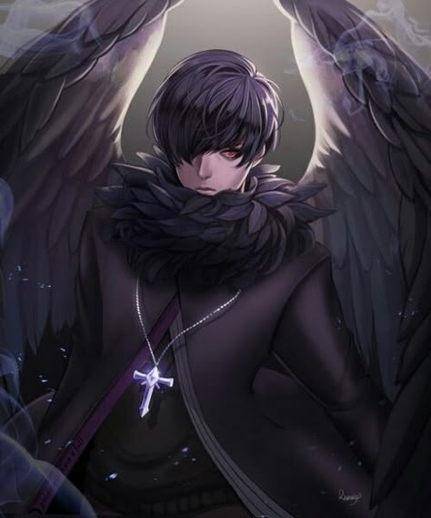 Edward de asas Anime Fallen Angel, Jackdaw, Ange Demon, Anime Head, Anime Girlies, Dark Anime Guys, Anime Outfit, Fallen Angels, Purple Eyes